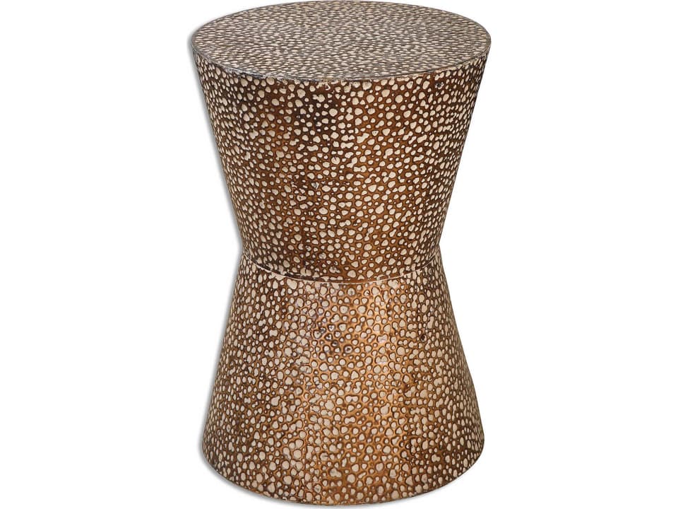 Cutler Round Wood Antiqued Copper Bronze End Table