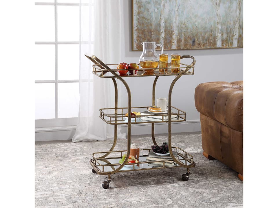 Stassi Hand Forged Iron Serving Cart with Mirrored Shelves Antiqued Gold Finish