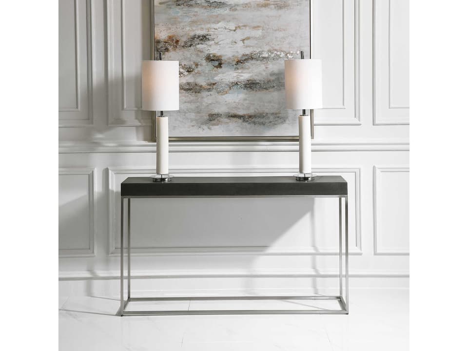 Jase Black Concrete Console Table with Brushed Nickel Stainless Steel Base