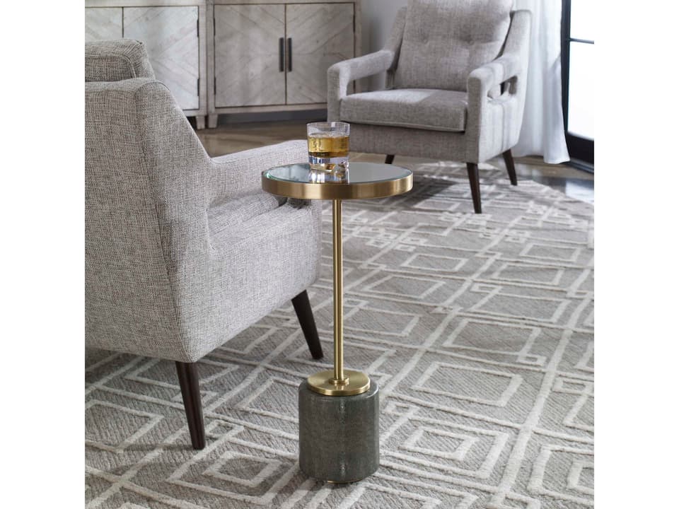 Laurier Round Accent Table Brushed Brass and Mirror Top with Faux Shagreen Base