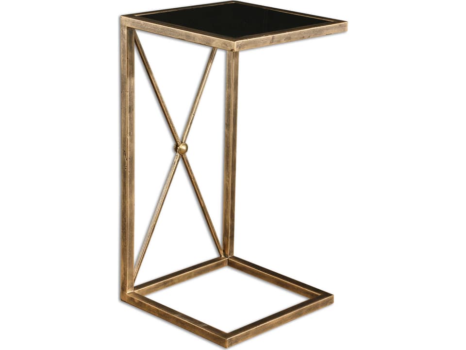 Zafina Round Accent Table in Antiqued Gold with Black Glass