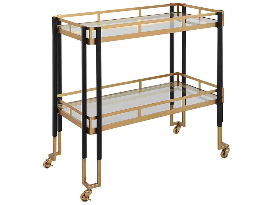Kentmore Contemporary Bar Cart with Matte Black and Gold Leaf Finish
