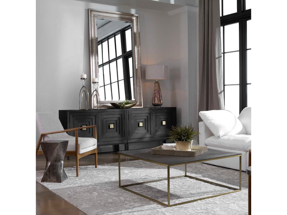 Trebon Square Coffee Table with Faux Shagreen Top and Brushed Brass Base