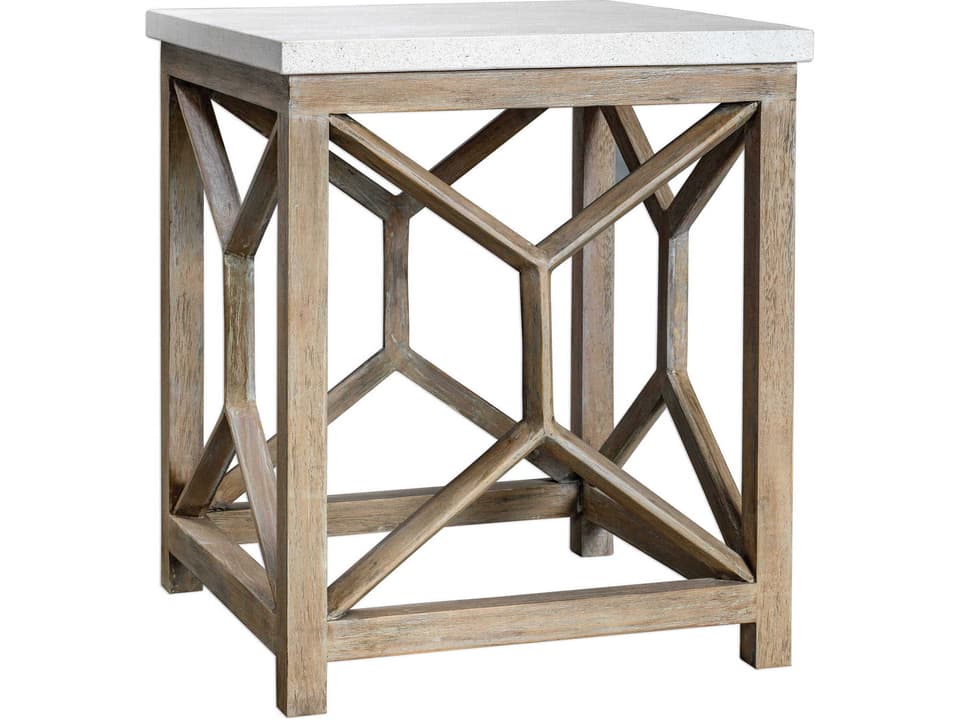 Catali Natural Stone End Table with Geometric Wood Base