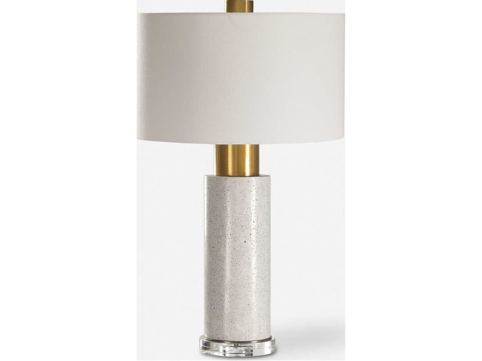 Vaeshon Concrete Column Table Lamp in Brushed Brass with White Linen Shade