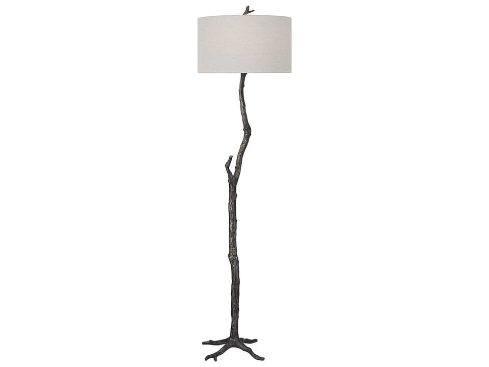 Spruce Rustic Cast Iron Floor Lamp with Light Gray Linen Shade