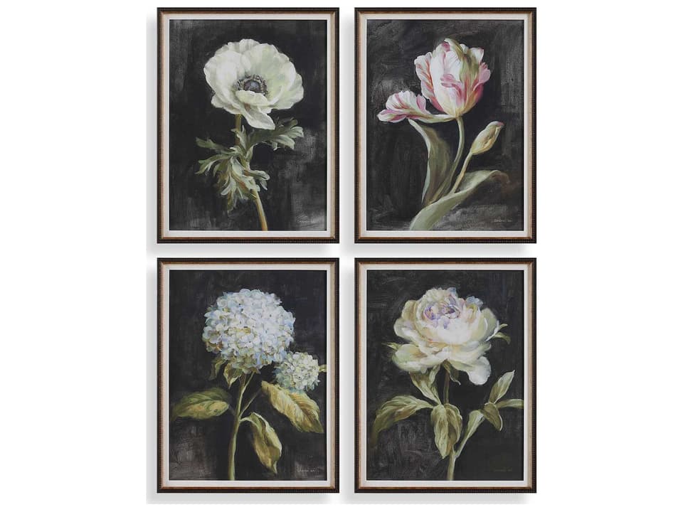 Florals On Black Set of 4 Traditional Framed Prints with Gold Inner Lip