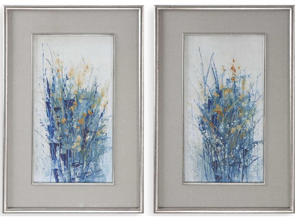 Indigo Florals Framed Wall Art Set of 2 with Distressed Silver Frames