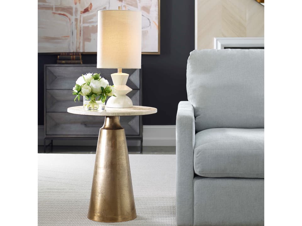 Midsummer Round Accent Table in Antique Brass with Travertine Top