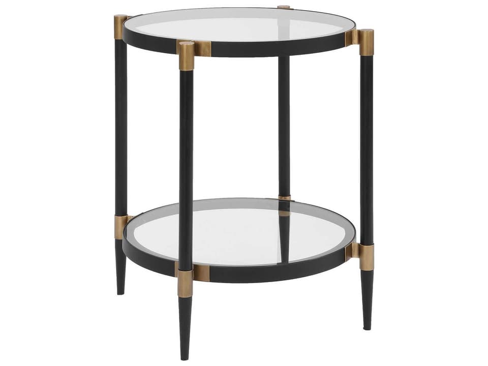 Chadid Round Glass Side Table with Black Iron Frame and Gold Accents