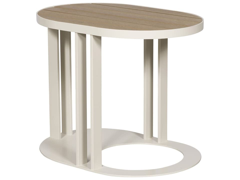 Montecito Oval Accent Table with Teak Top and White Shimmer Base