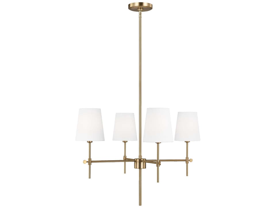 Thomas O'Brien Baker 4-Light Chandelier in Satin Brass with White Linen Shade