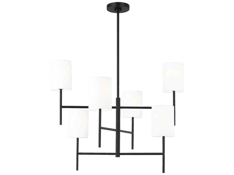 6-Light Key Chandelier in Midnight Black with White Linen Shades
