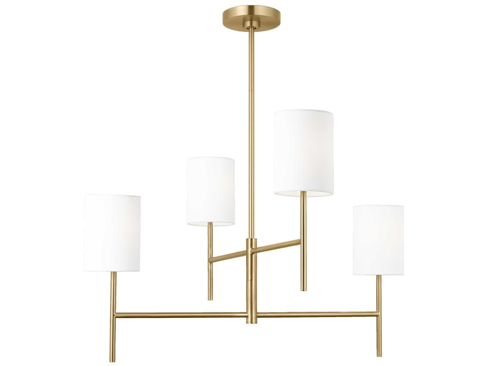 4-Light Key Chandelier in Burnished Brass with White Linen Shades