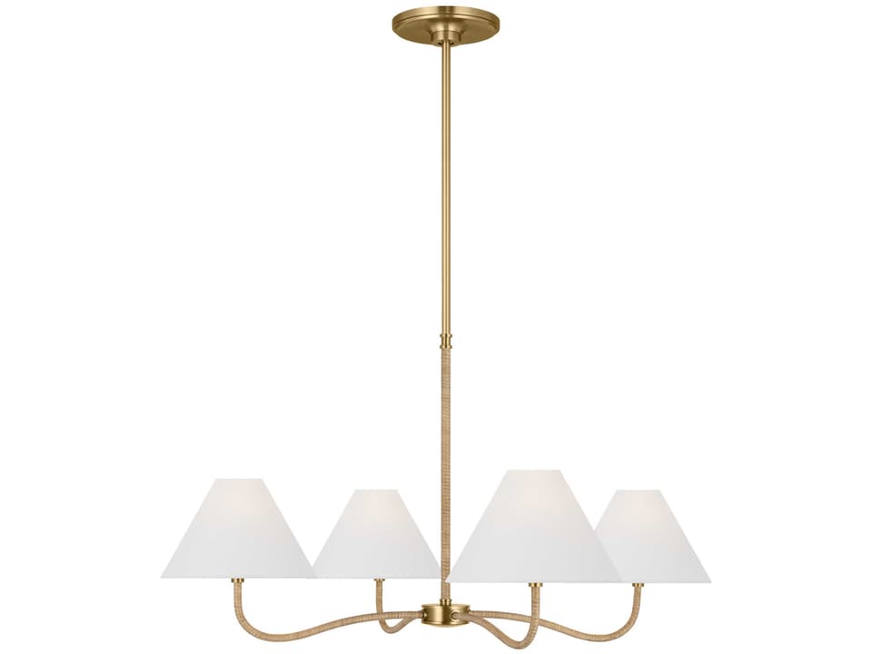 4-Light Laguna Chandelier in Burnished Brass with White Linen Shades