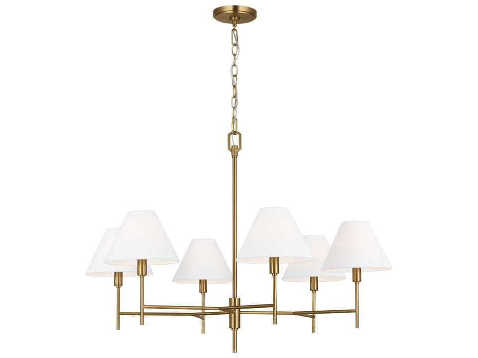 6-Light Ridgewood Chandelier in Burnished Brass with White Linen Shade