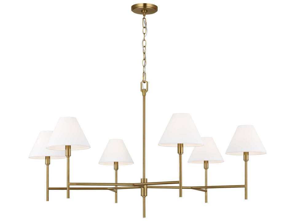 6-Light Ridgewood Chandelier in Burnished Brass with White Linen Shades