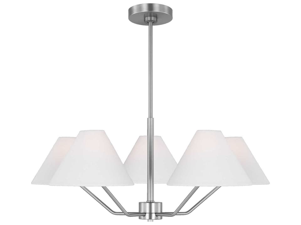 5-Light Burke Chandelier in Brushed Steel with White Linen Shade
