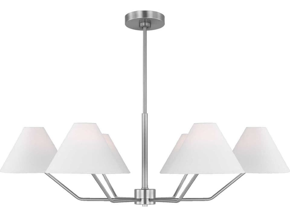 Burke 6-Light Large Chandelier in Brushed Steel with White Linen Shades