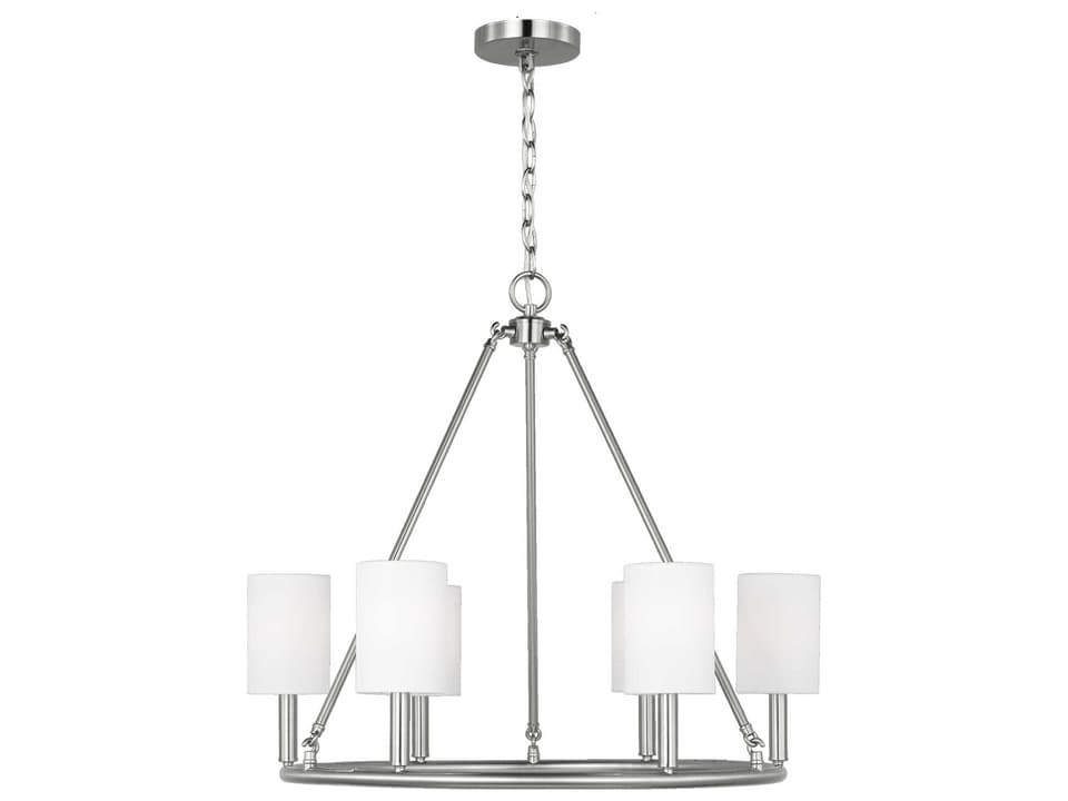 6-Light Egmont Chandelier in Brushed Steel with White Linen Shades