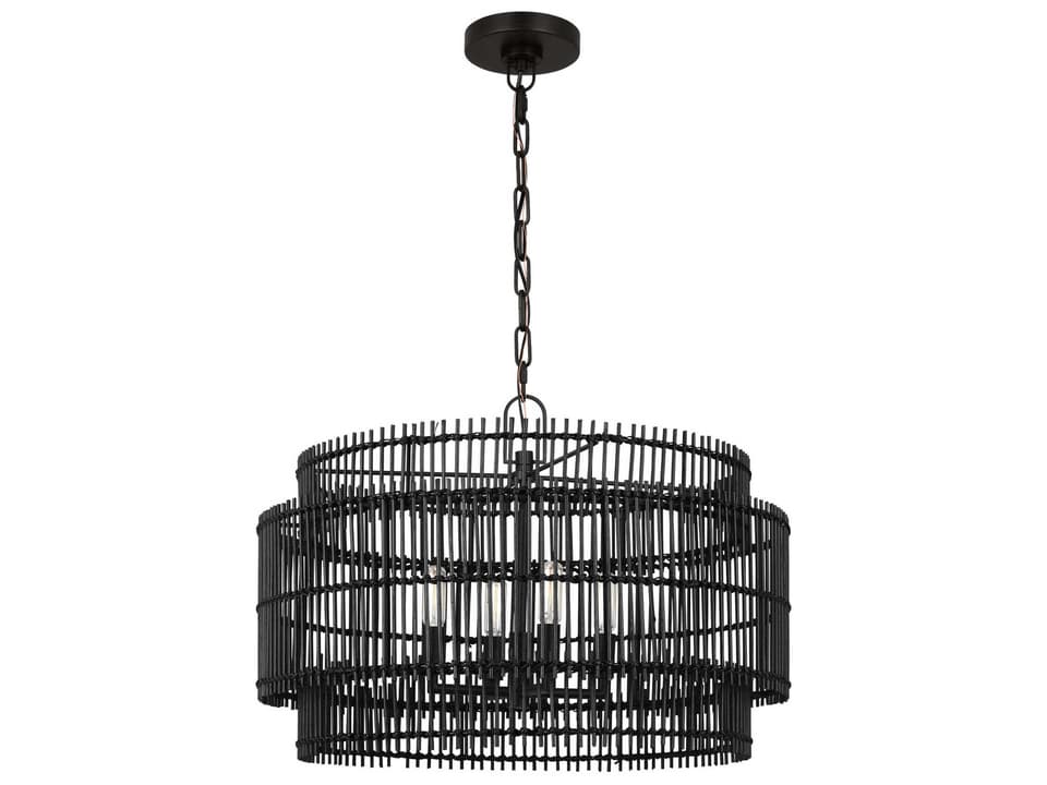 4-Light Elio Chandelier in Aged Iron with Natural Bamboo Shade
