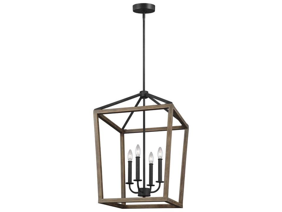 Gannet 4-Light Chandelier in Weathered Oak Wood and Antique Forged Iron