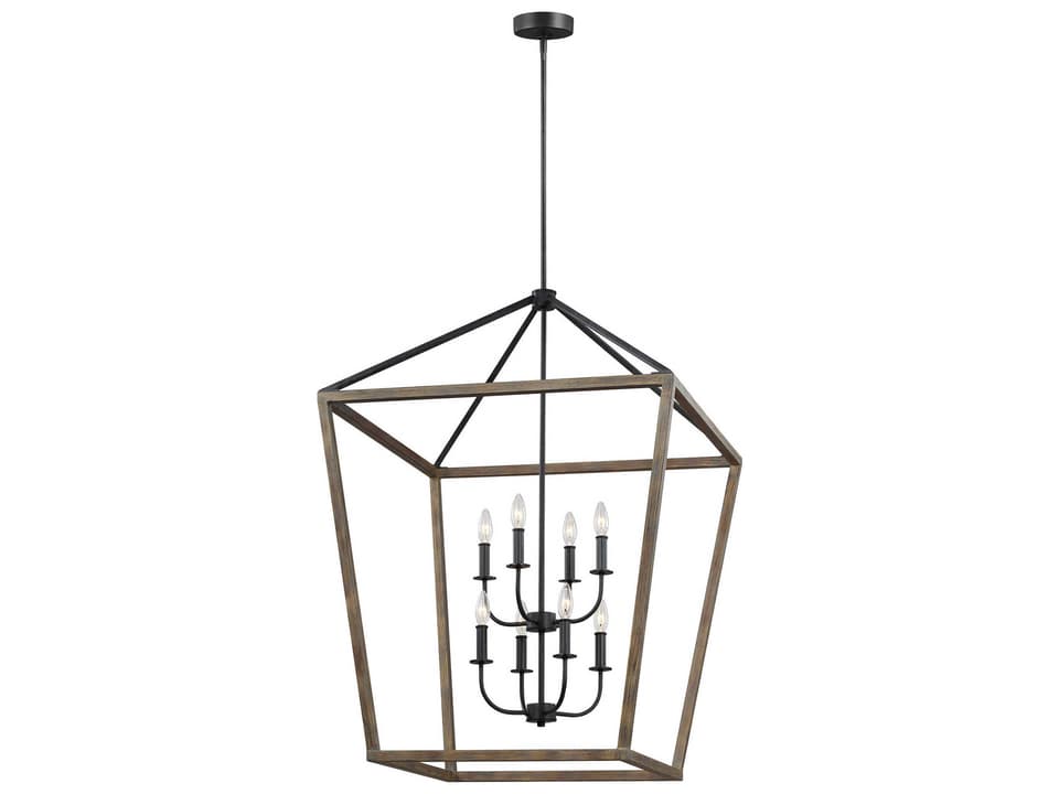8-Light Gannet Chandelier in Weathered Oak Wood Antique Forged Iron