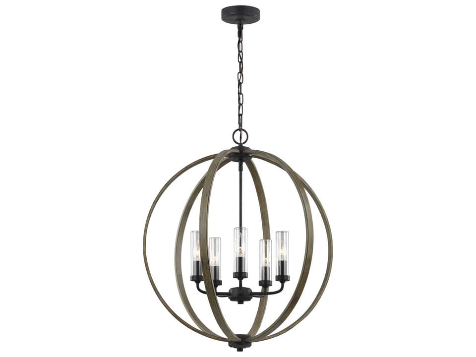 5-Light Allier Outdoor Chandelier in Weathered Oak Wood and Antique Forged Iron