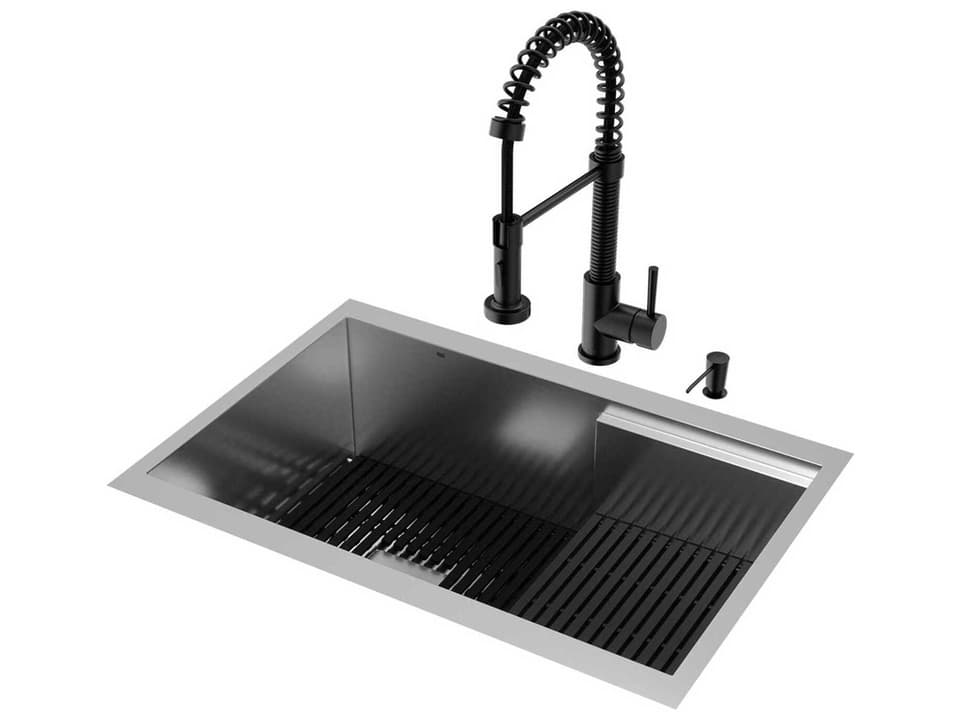 Hampton Stainless Steel Single Bowl Undermount Workstation Kitchen Sink Matte Black Faucet and Accessories
