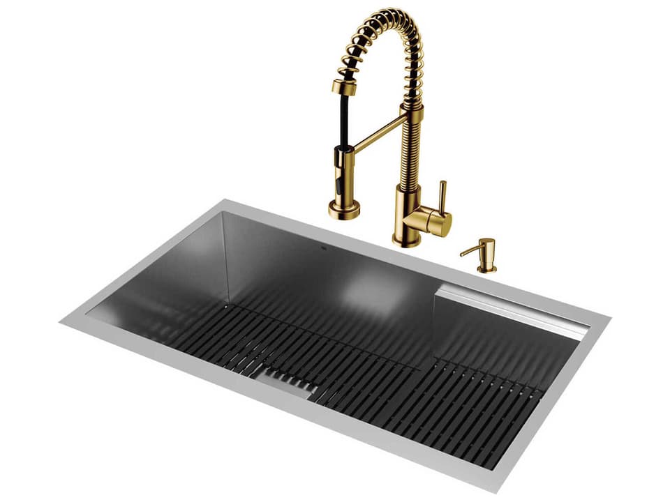 Hampton Stainless Steel Single Bowl Undermount Workstation Kitchen Sink with Matte Gold Faucet and Accessories