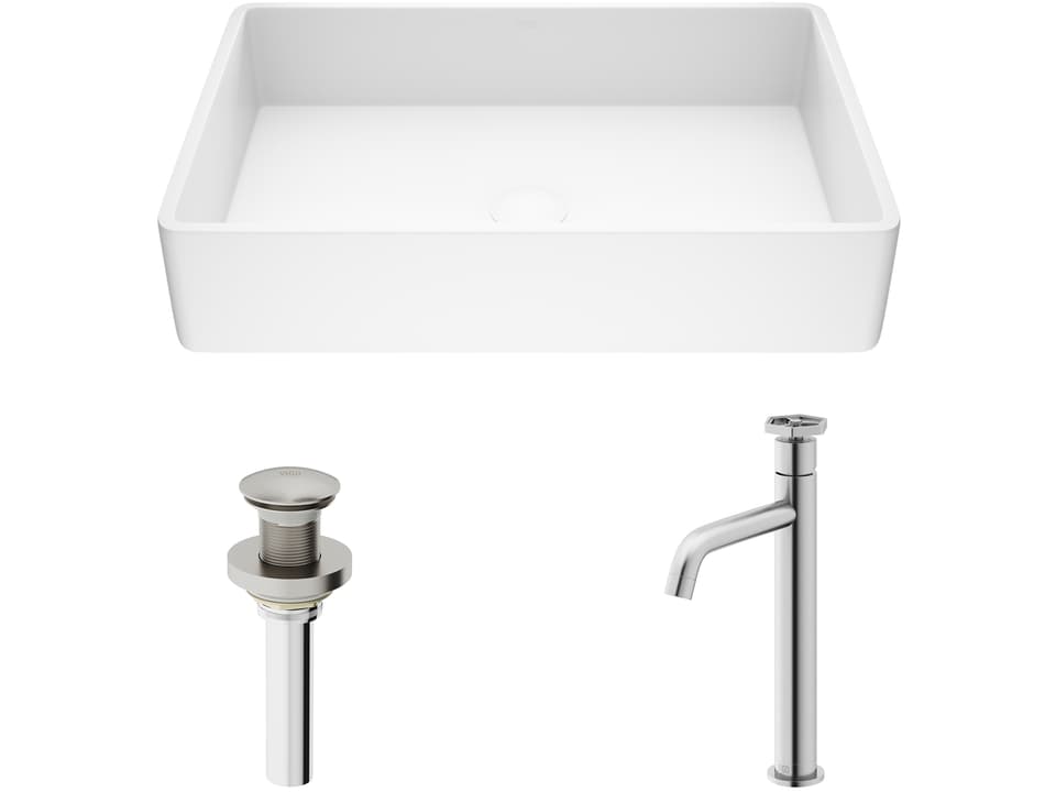 Magnolia Matte Stone Rectangular Vessel Bathroom Sink with Ruxton Faucet Brushed Nickel
