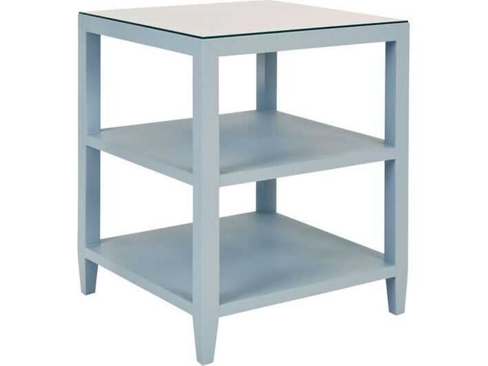 Amie Three Tier Square Side Table in Textured Light Blue Linen