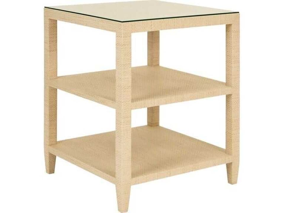 Amie Three-Tier Square Side Table in Natural Grasscloth with Glass Top