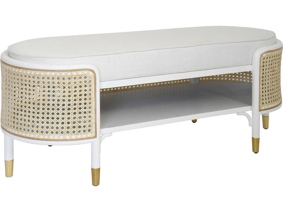 Beale Oval Bench in Matte White and Natural Cane with White Linen Cushion