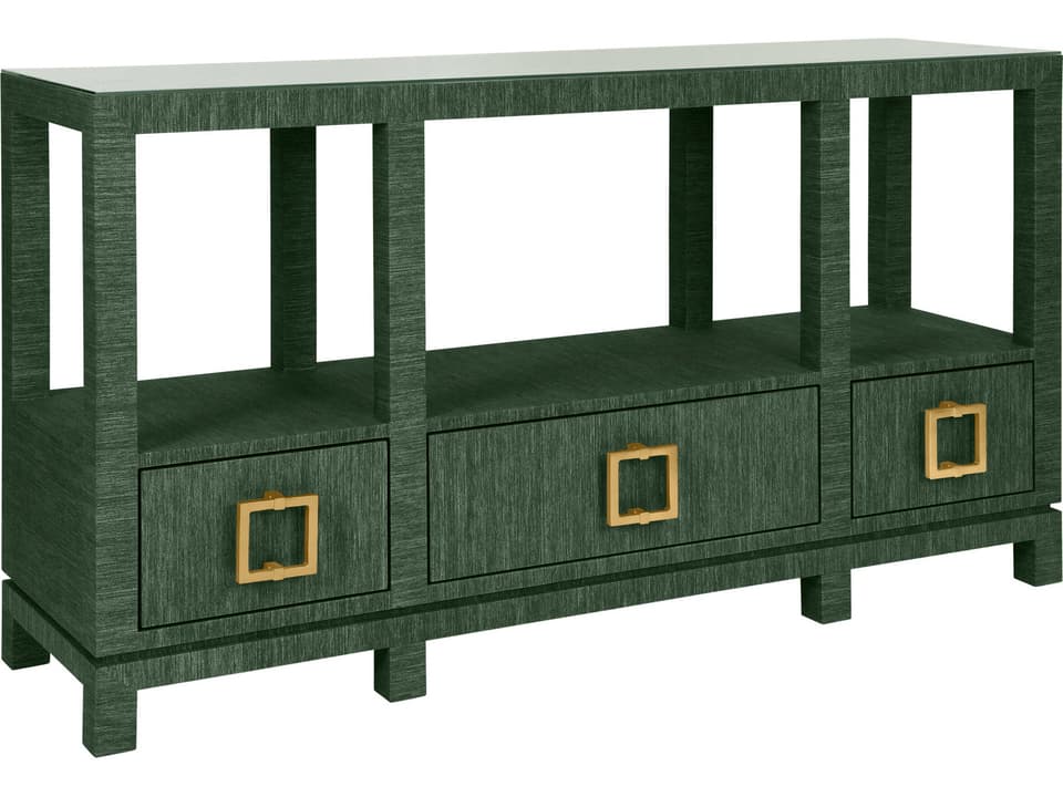 Campbell Green Grasscloth Console Table with Brass Hardware