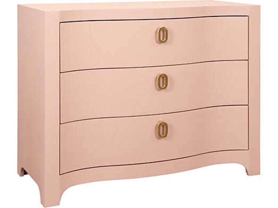 Cora 3-Drawer Curved Front Chest in Pink Linen with Brass Hardware