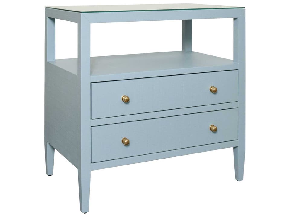 Douglas Two Drawer Side Table with Open Shelf in Light Blue Linen