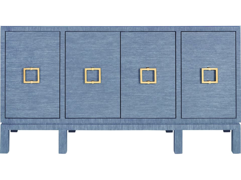 Effie Four Door Buffet Blue Dyed Grasscloth with Brass Hardware