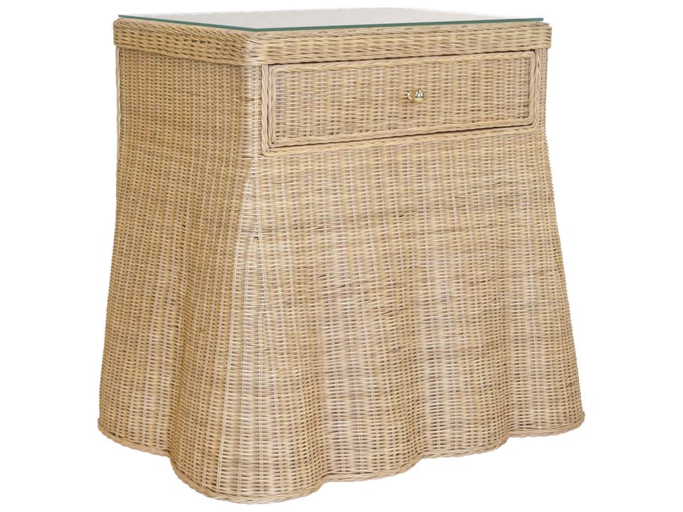 Giselle One Drawer Rectangular Side Table with Flared Scalloped Base Rattan and Glass Top