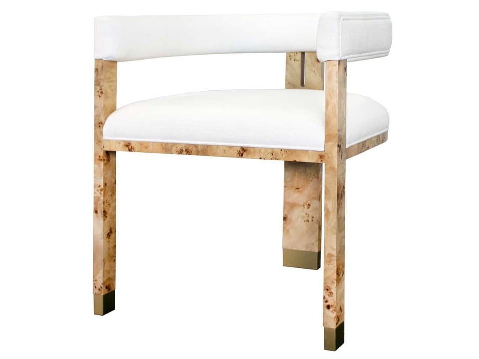 Jude Barrel Back Dining Side Chair in Matte Burl Wood with White Performance Linen