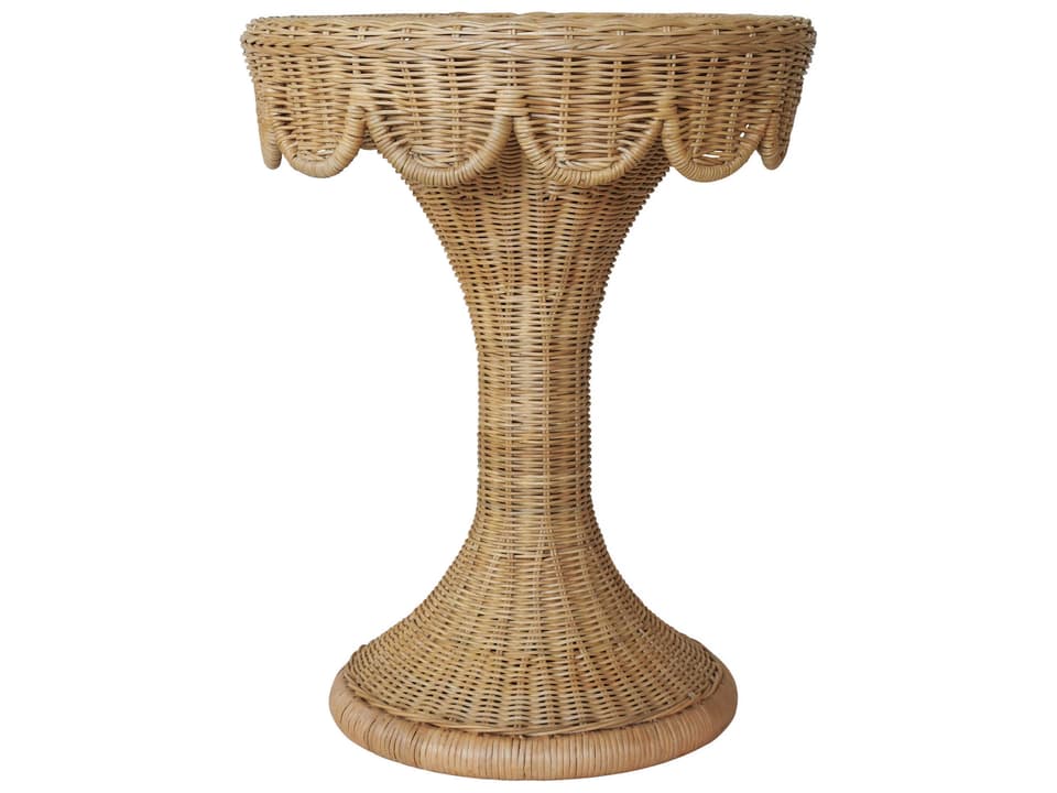 Orla Round Pedestal Side Table in Natural Rattan with Scallop Edge