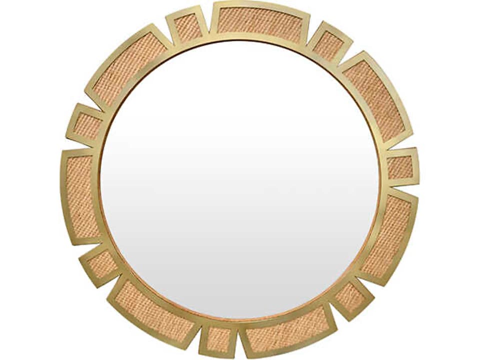Sunday Round Modern Sunburst Mirror with Framed Rattan in Brass