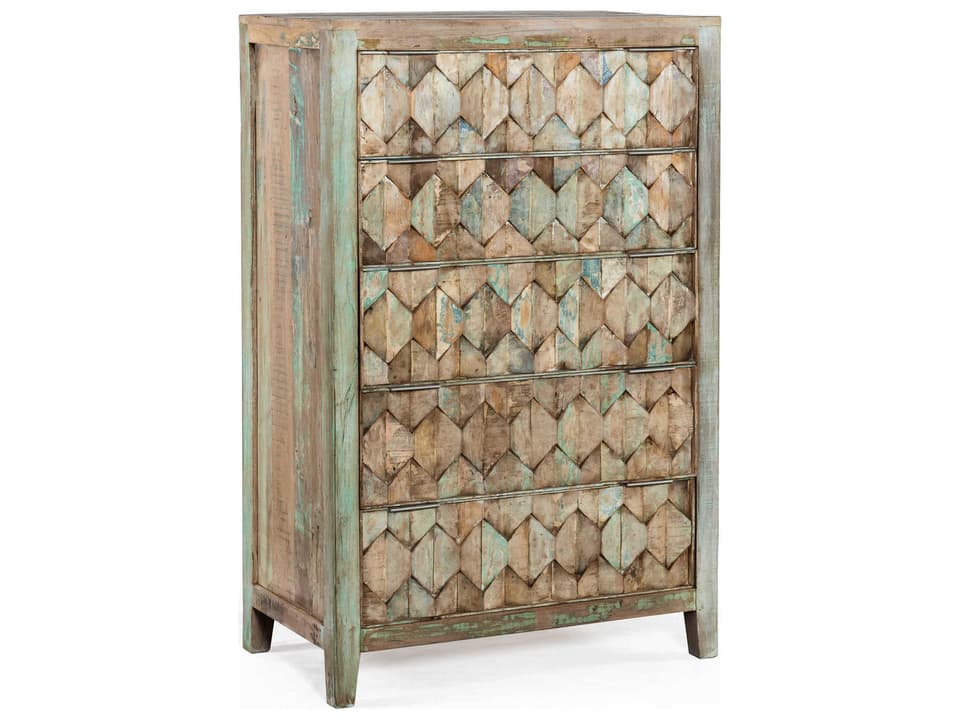 Cordoba Teal Tall Chest with Hexagon Design and Antique Nickel Handles