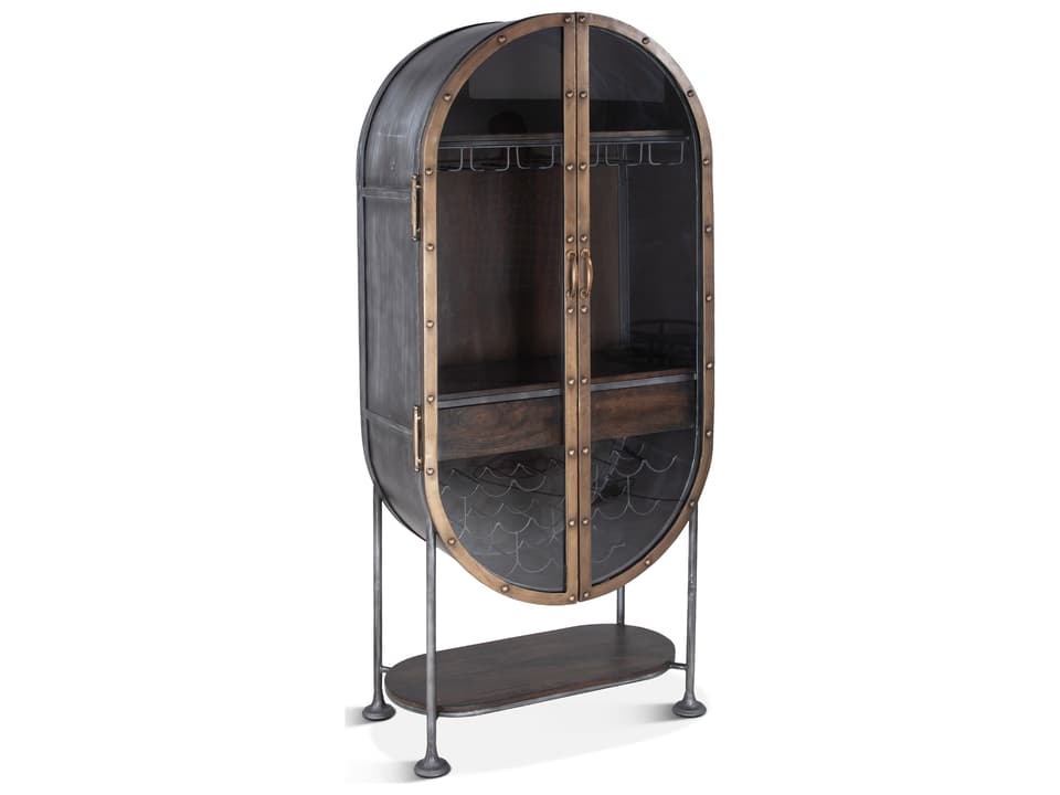 Melbourne Tall Oval Bar Cabinet with Glass Doors in Antique Brushed Silver