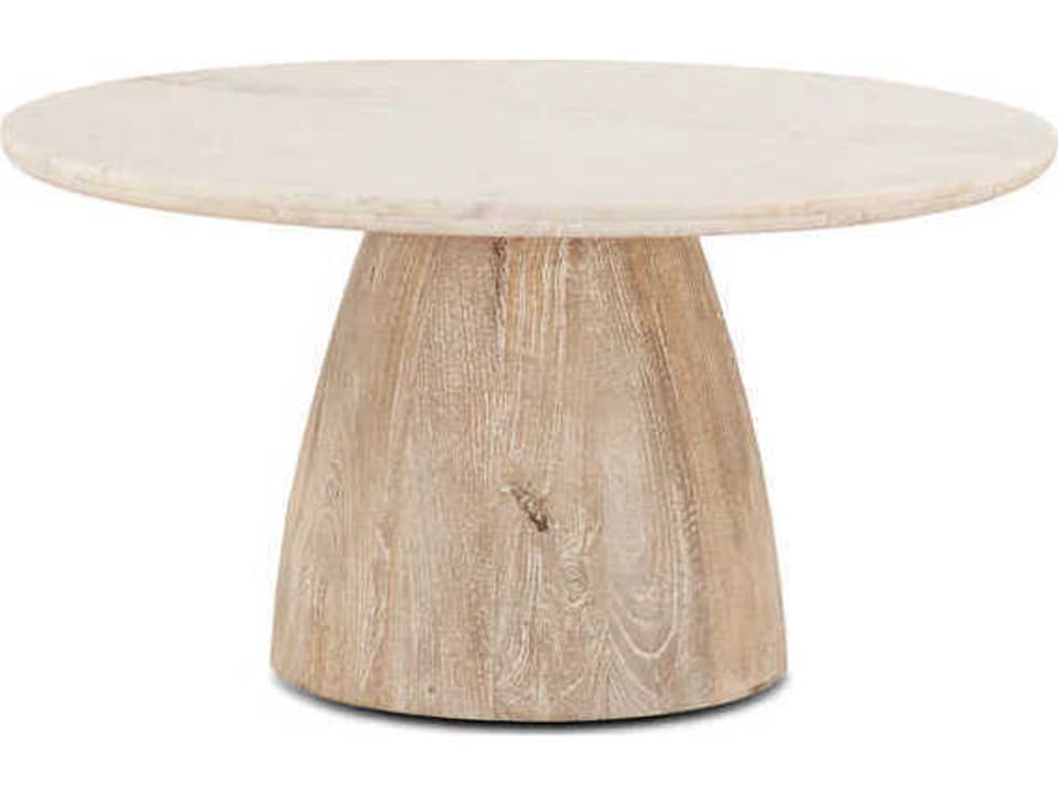 Palm Desert 36-Inch Round Coffee Table White Marble Whitewashed Wood