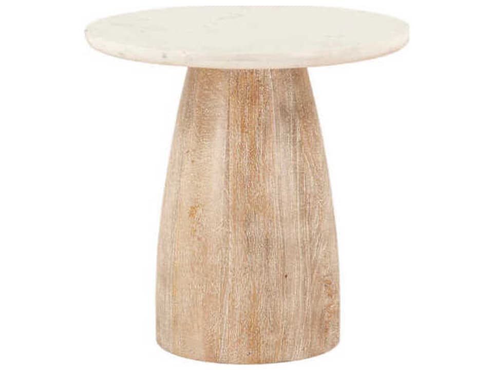 Palm Desert Round Side Table with White Marble Top and Mango Wood Base