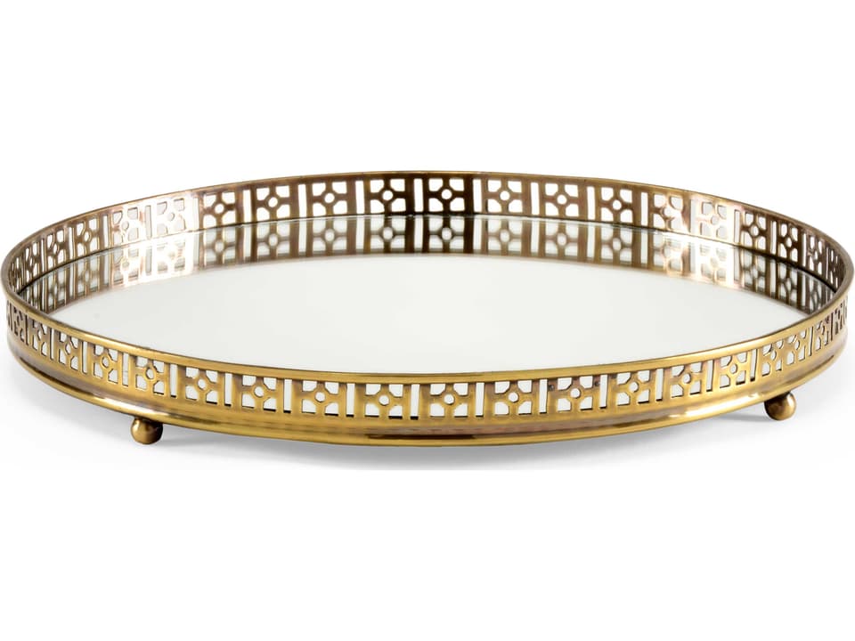 Footed Decorative Vanity Tray with Antique Brass Fretwork and Mirror