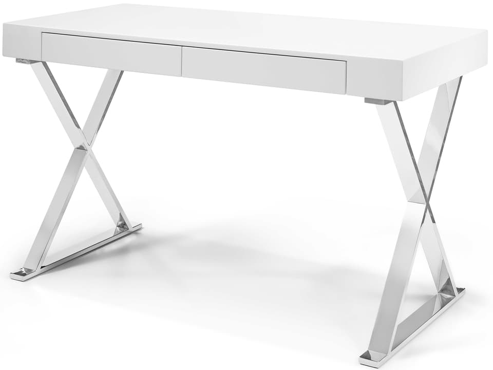 Elm 47 Inch Two-Drawer Desk in High Gloss White and Polished Stainless Steel