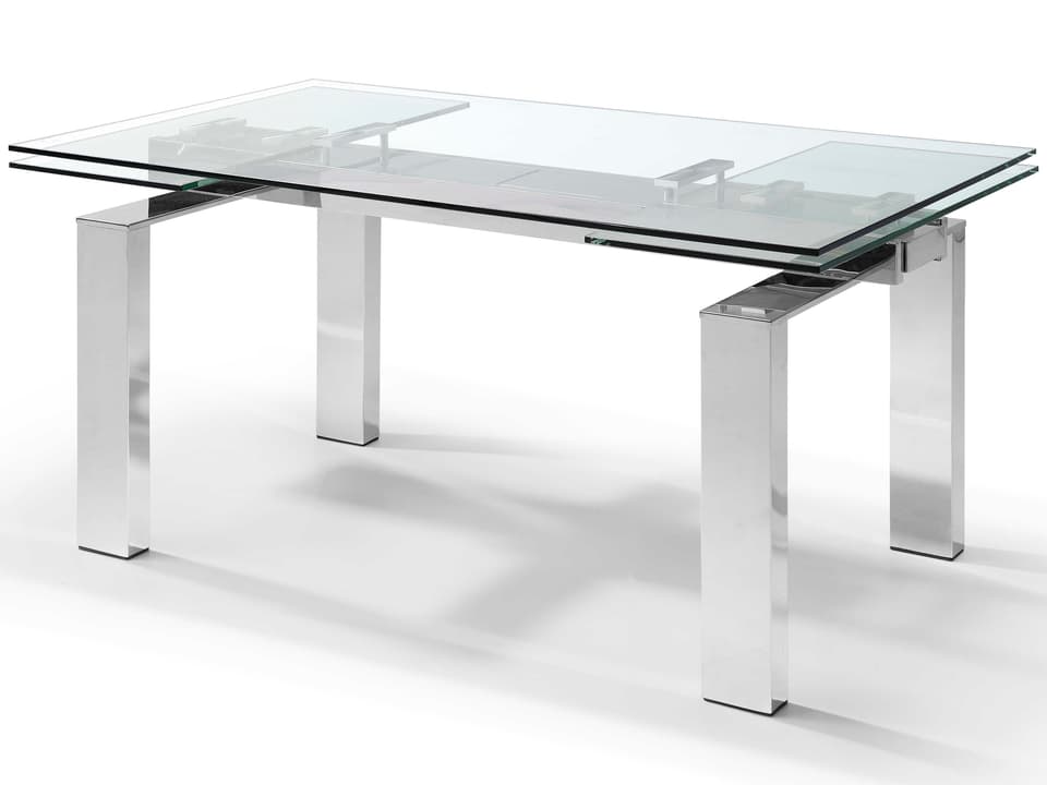 Cuatro Extendable Rectangle Dining Table in Clear Glass and Stainless Steel