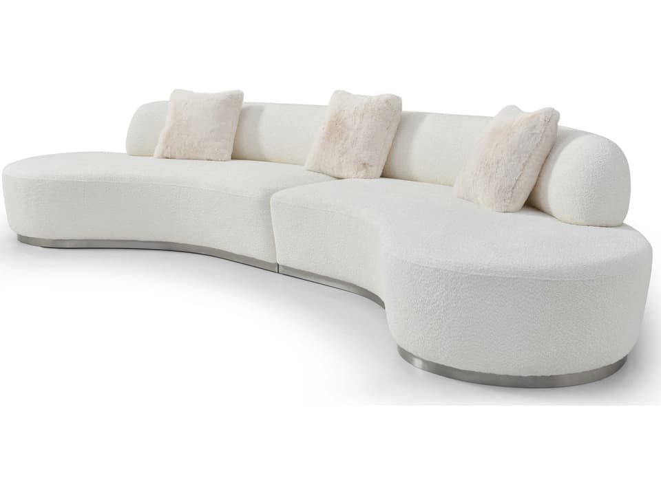 Perla 4 Seat Curved Sofa in White Boucle with Brushed Silver Stainless Steel Base